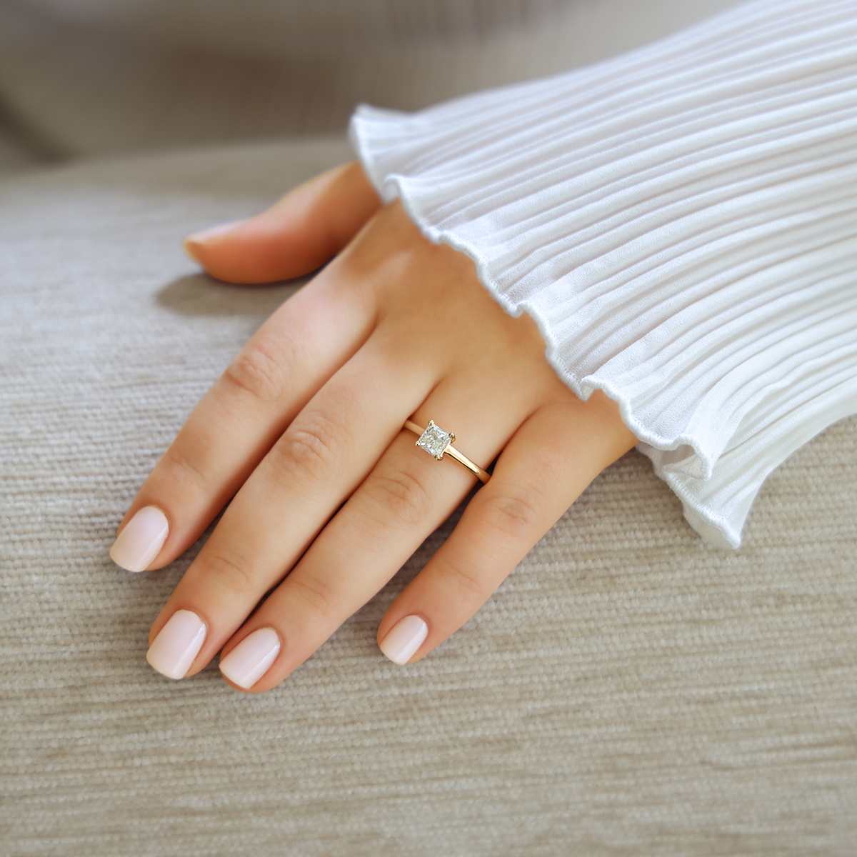 Model wears 18ct Yellow Gold Princess Cut Diamond Solitaire 1.04ct Ring