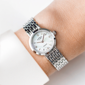 Model wears Rotary Heritage Diamond Set, Mother of Pearl Dial with Stainless Steel Bracelet - LB00899/07/D