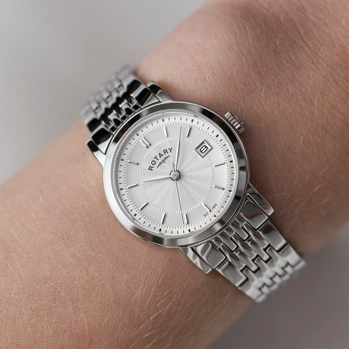 Model wears Rotary Heritage Ladies, White Dial with Stainless Steel Bracelet LB05420/02