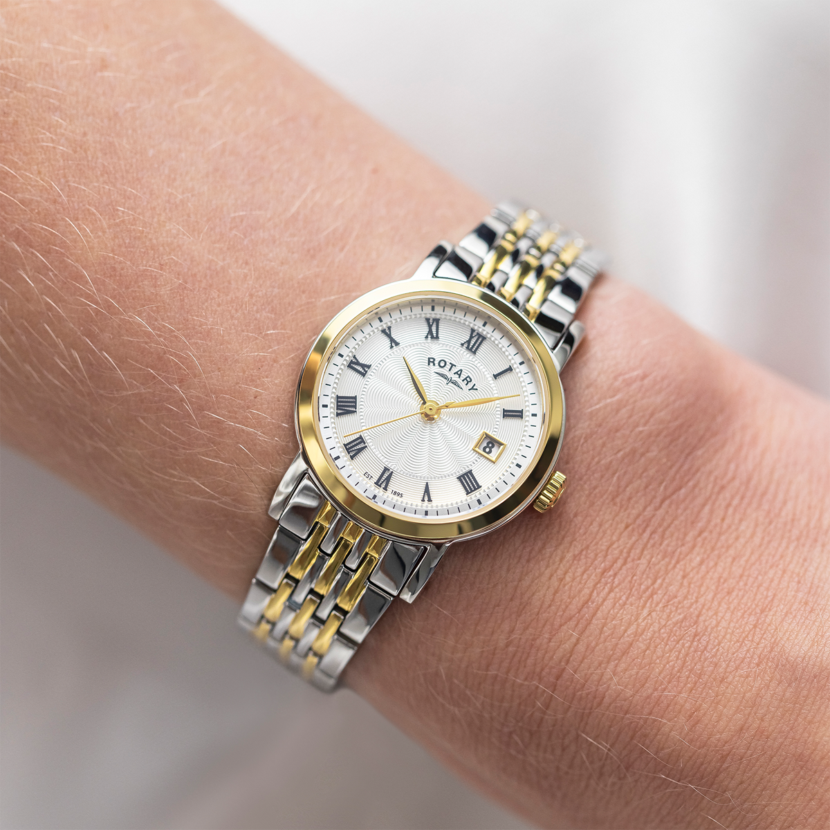 Model wears Rotary Heritage 2-Tone, Silver Dial with Stainless Steel Bracelet - LB05421/01