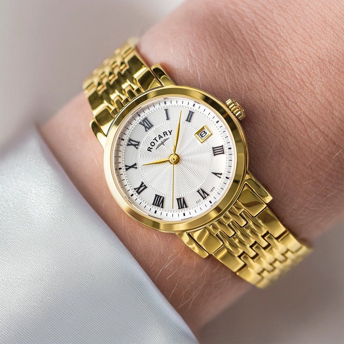 Model wear Rotary Heritage Ladies Watch, Silver Dial with Gold Plated Bracelet - LB05423/01