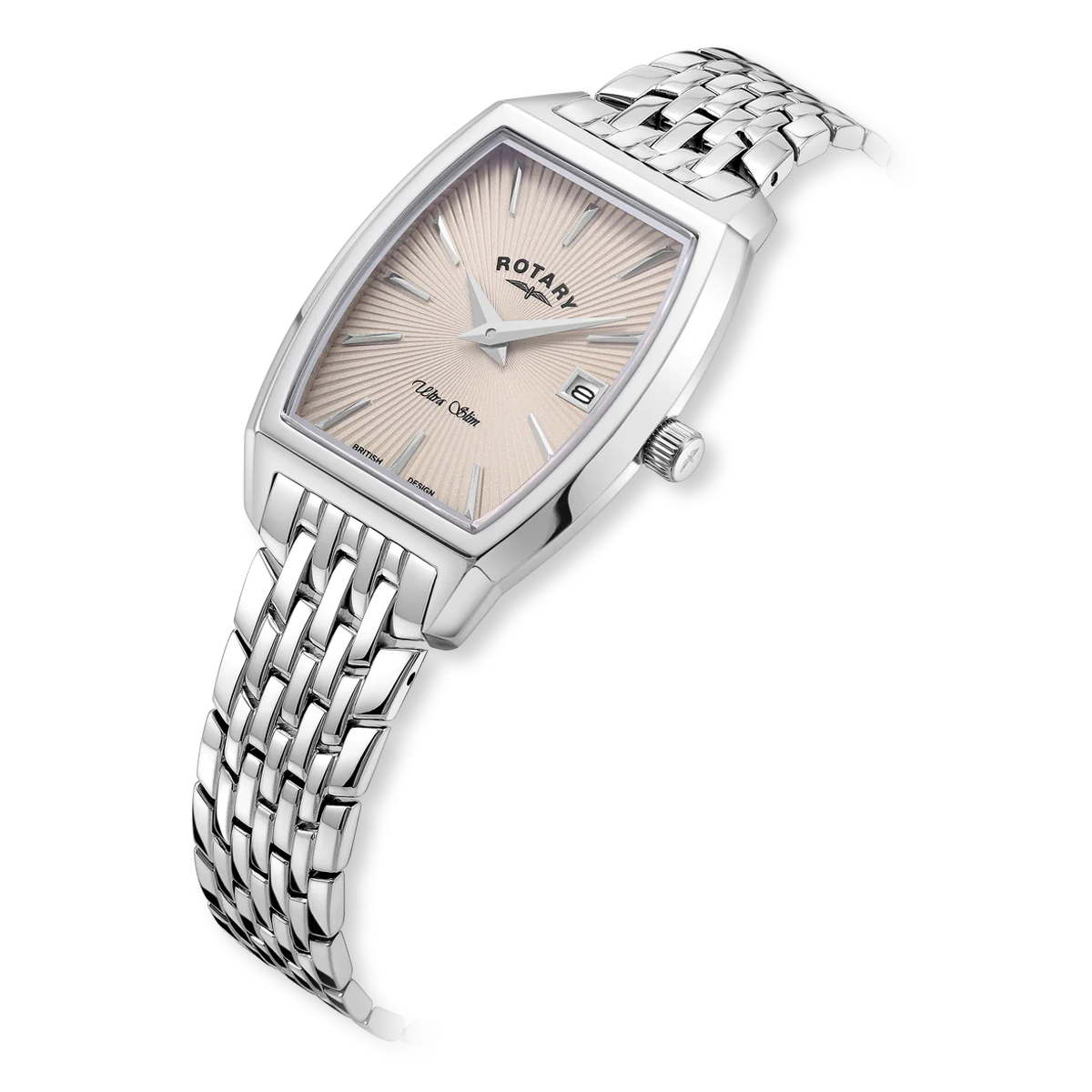 Rotary Ultra Slim Tonneau, Pink Dial with Stainless Steel Bracelet