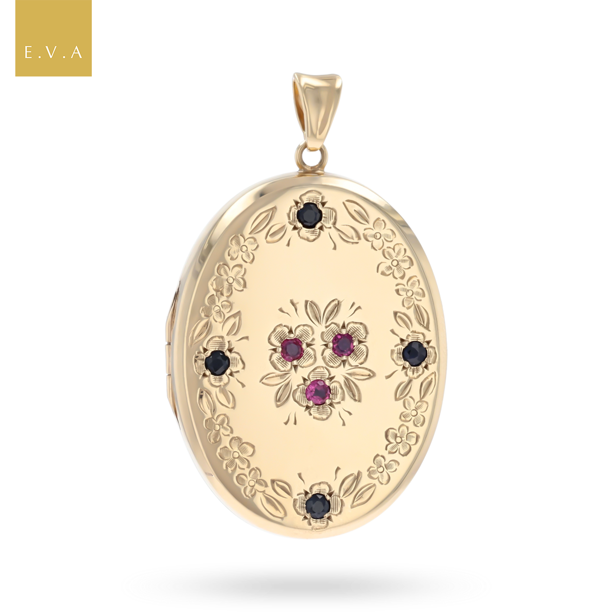 9ct Yellow Gold Sapphire & Ruby Set Floral Locket