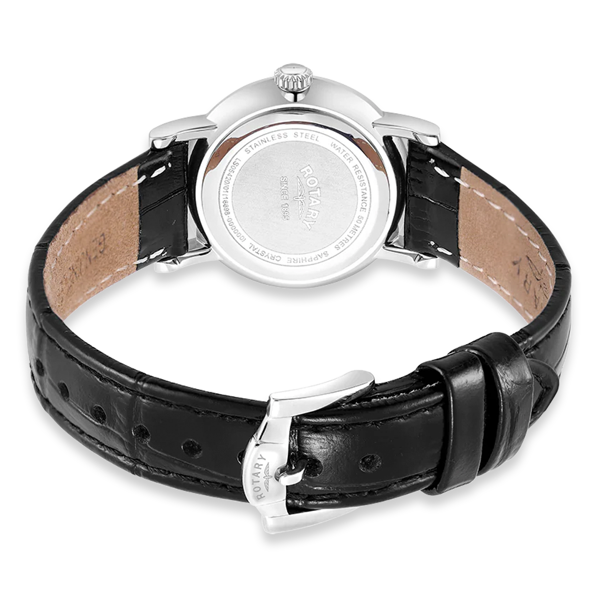 Rotary Heritage Ladies Stainless Steel Watch, White Dial with Black Leather Strap - LS05420/01