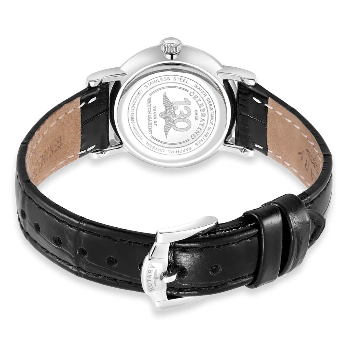 Rotary Heritage Ladies Stainless Steel Watch, White Dial with Black Leather Strap - LS05420/01