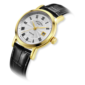 Rotary Heritage Ladies Gold Plated Watch, White Dial with Black Leather Strap - LS05423/01