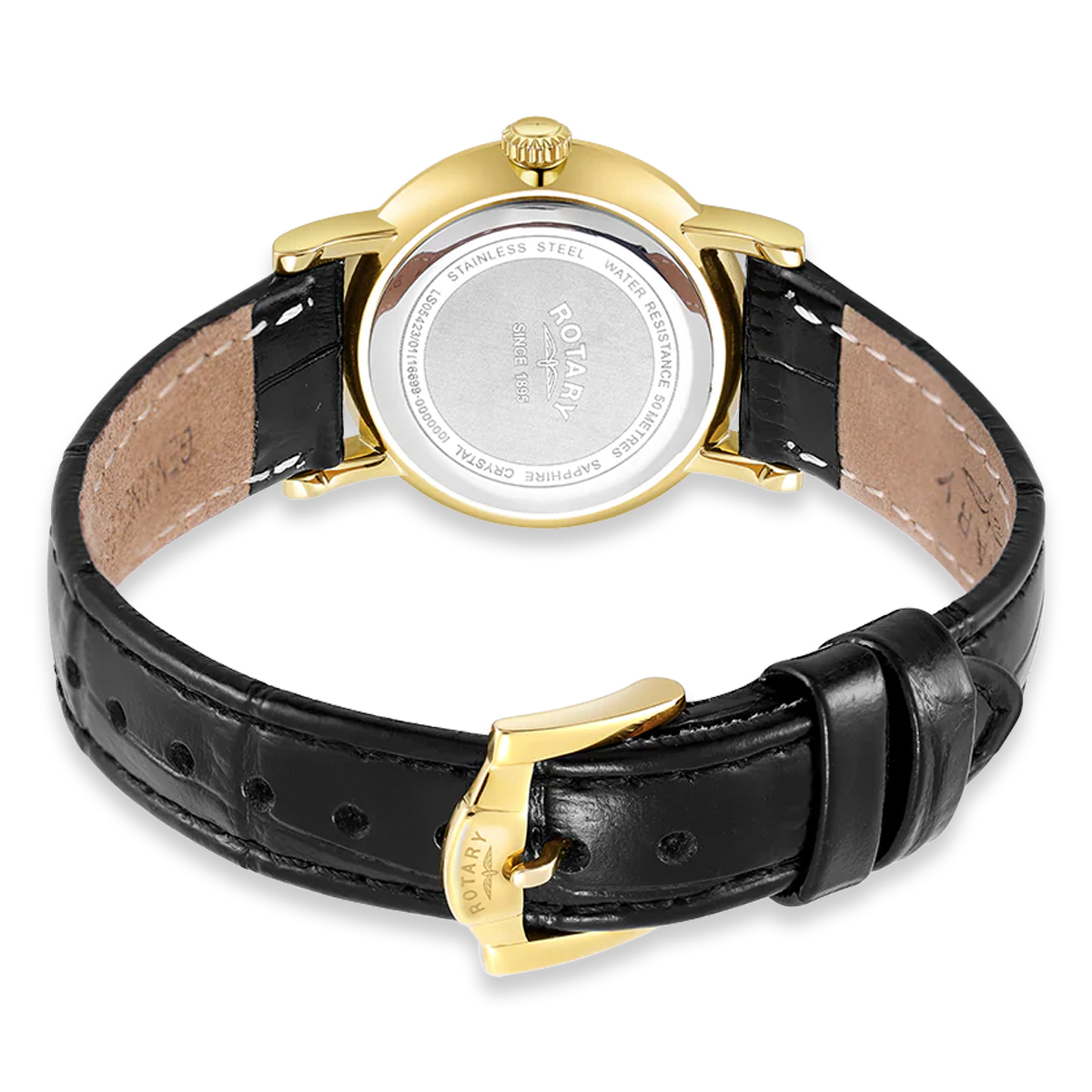 Rotary Heritage Ladies Gold Plated Watch, White Dial with Black Leather Strap - LS05423/01