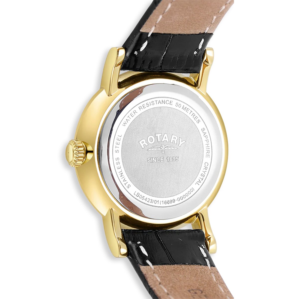 Rotary Heritage Ladies Gold Plated Watch, White Dial with Black Leather Strap - LS05423/01
