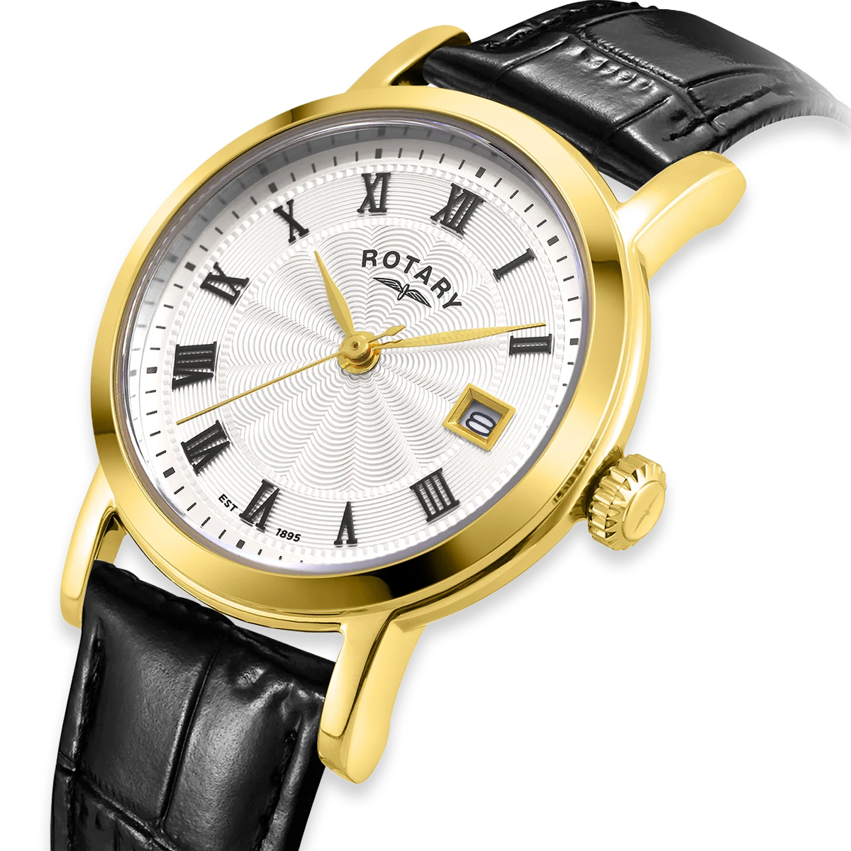 Rotary Heritage Ladies Gold Plated Watch, White Dial with Black Leather Strap - LS05423/01