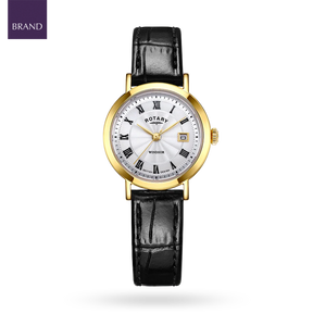 Rotary Heritage Ladies Gold Plated Watch, White Dial with Black Leather Strap - LS05423/01