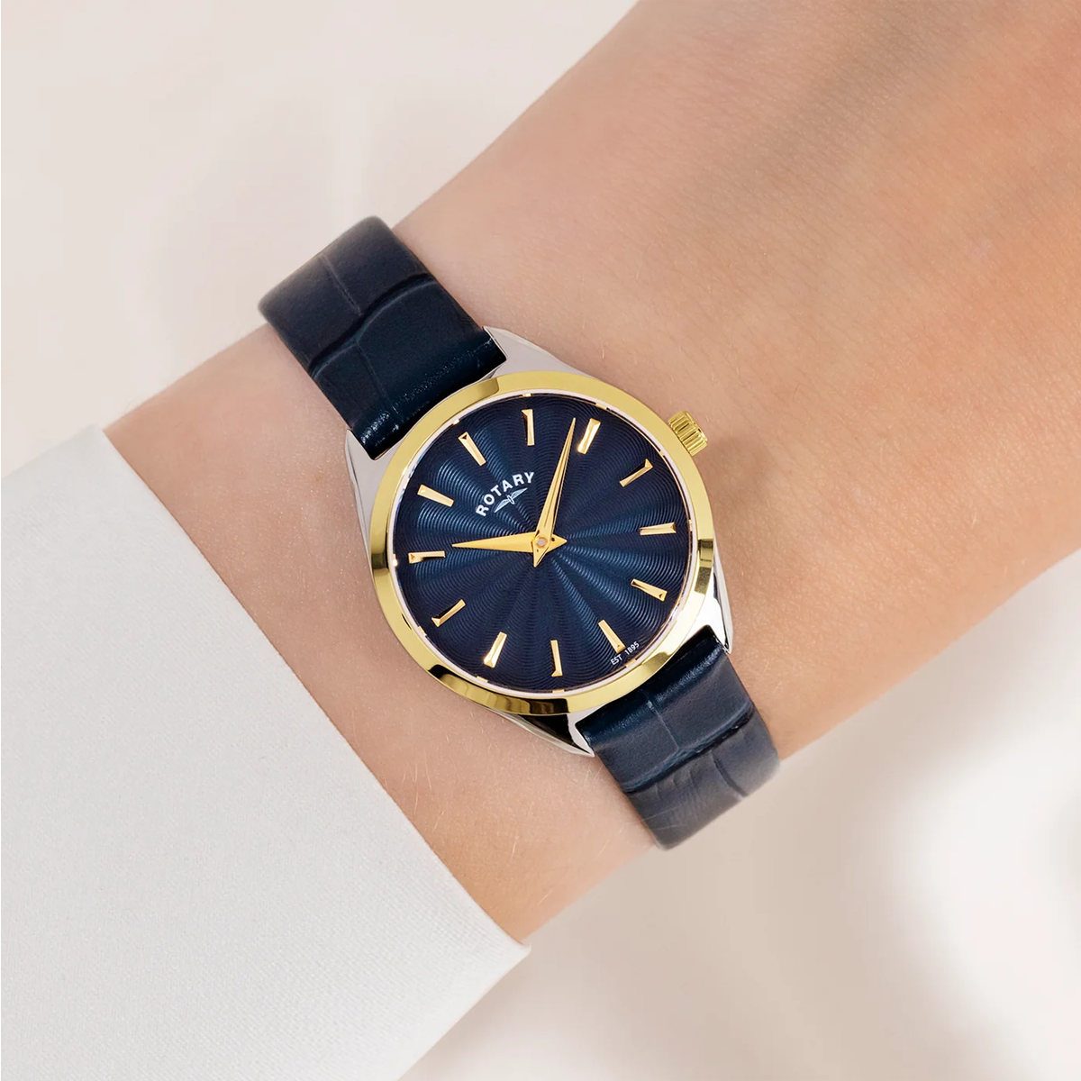 Model wears Rotary Ultra Slim 2-Tone, Blue Dial with Blue Leather Strap - LS08011-05