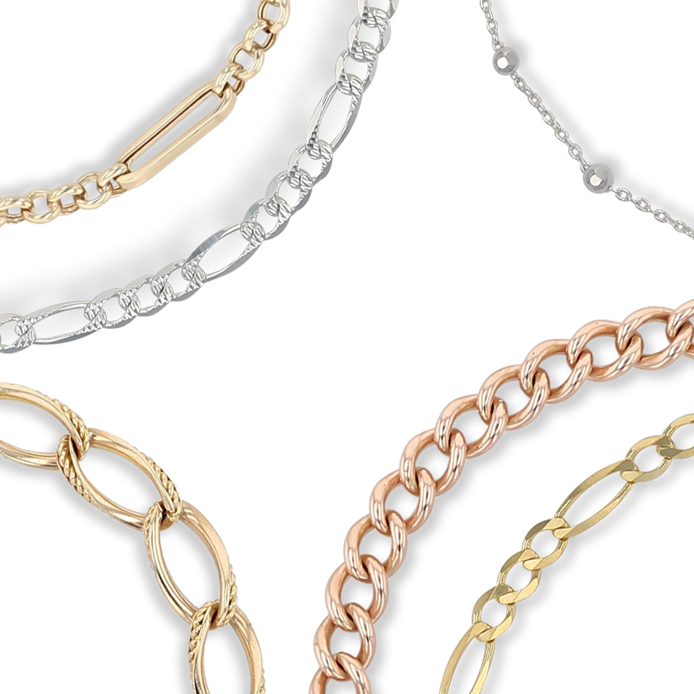 Variety of chain link designs in gold and silver.
