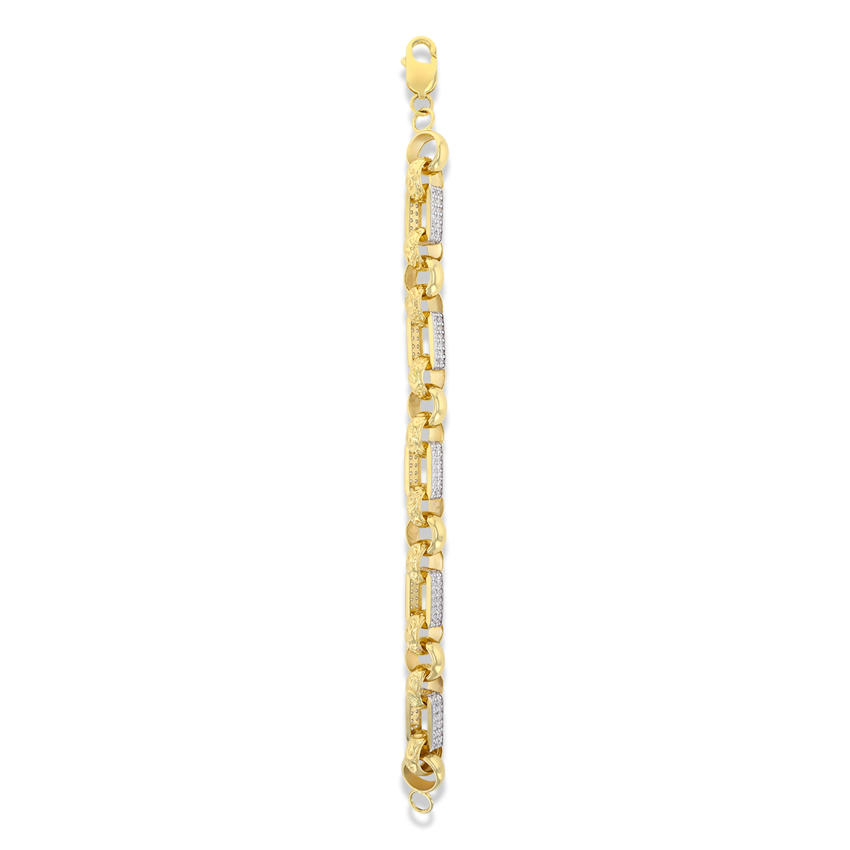9ct Yellow Gold Patterned Belcher & Cubic Zirconia Set Bar Link Bracelet