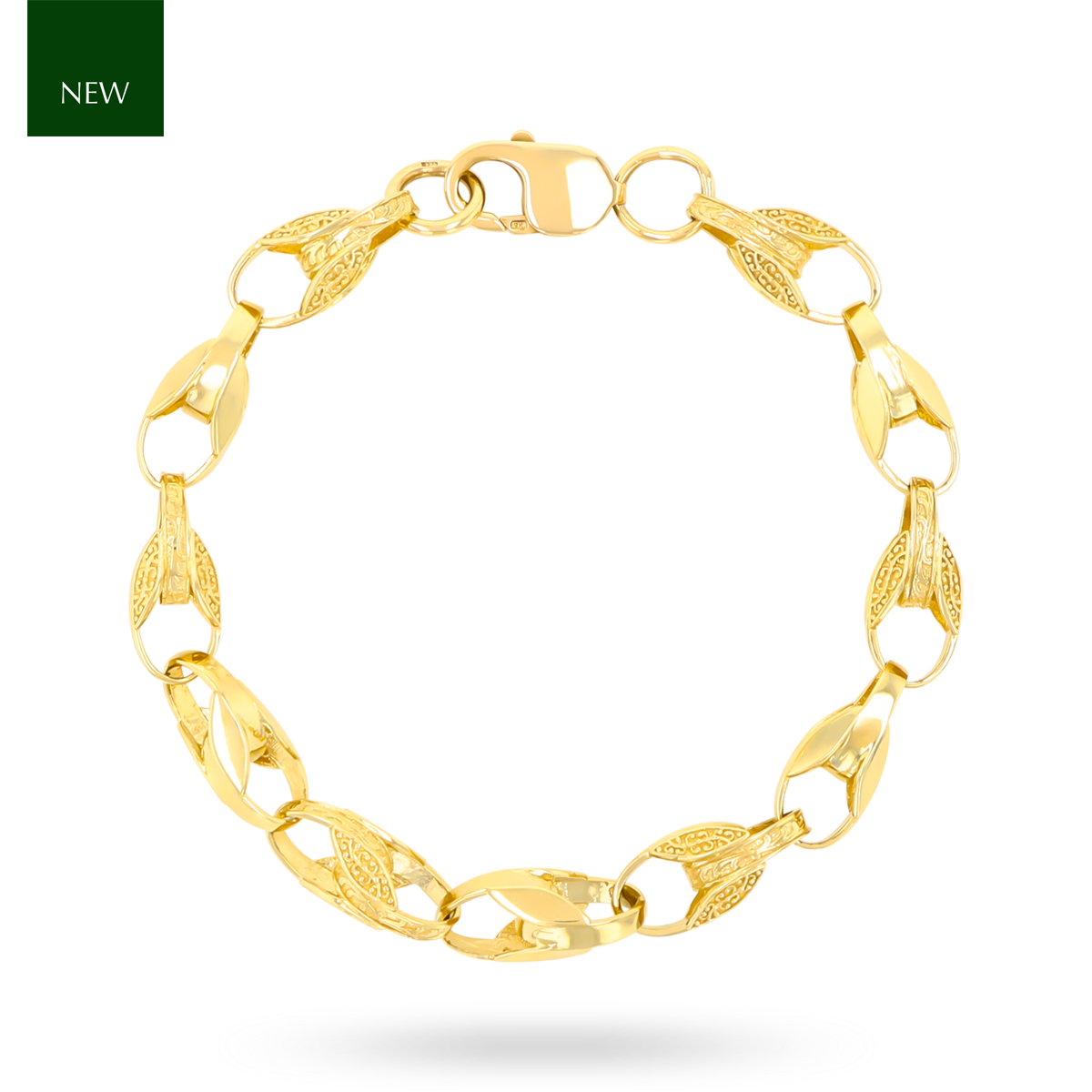 9ct Yellow Gold 8mm Plain & Engraved Tulip Link Bracelet