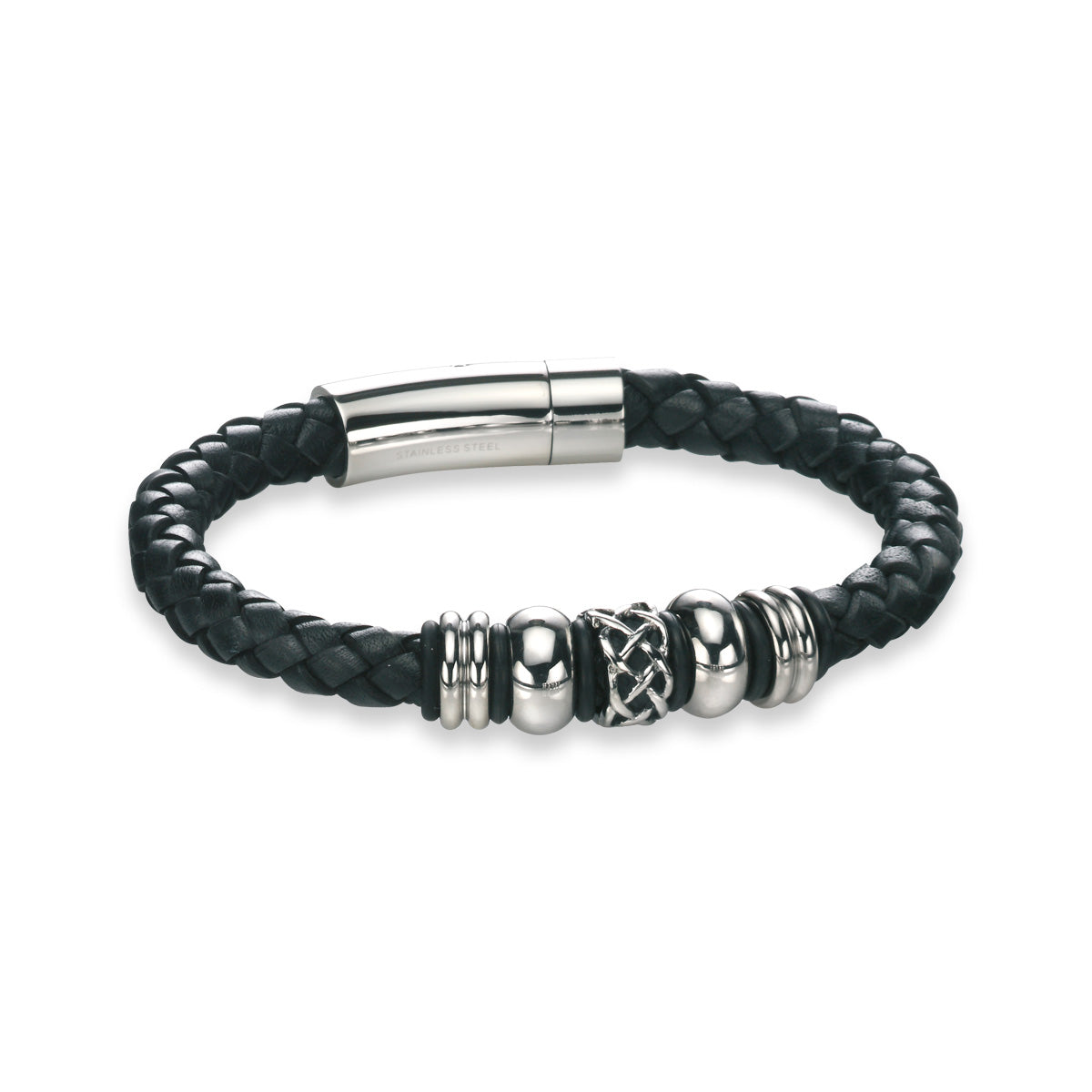 Stainless Steel Black Leather Celtic Bead Bracelet