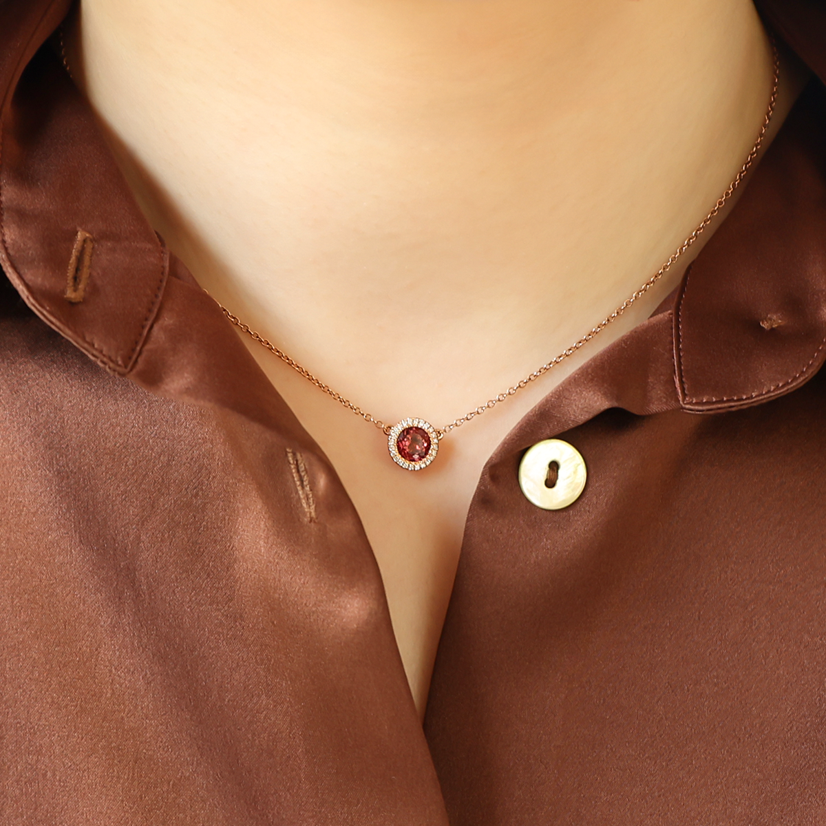 Model wears 18ct Rose Gold Pink Tourmaline & Diamond Halo Necklace