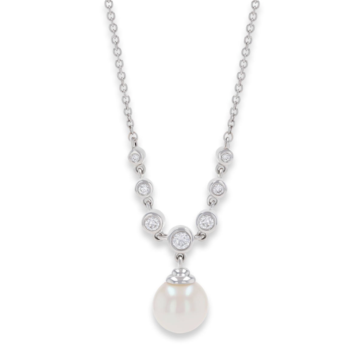 18ct White Gold Cultured Freshwater Pearl & Diamond Bezel Set Necklace