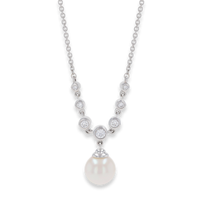 18ct White Gold Cultured Freshwater Pearl & Diamond Bezel Set Necklace