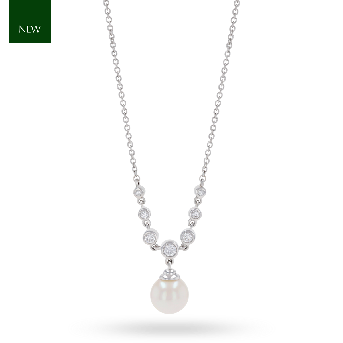 18ct White Gold Cultured Freshwater Pearl & Diamond Bezel Set Necklace