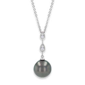 18ct White Gold Cultured Tahitian Pearl & Diamond Teardrop Necklace