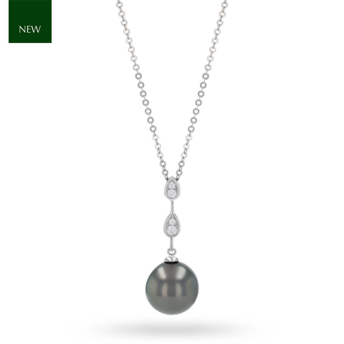 18ct White Gold Cultured Tahitian Pearl & Diamond Teardrop Necklace