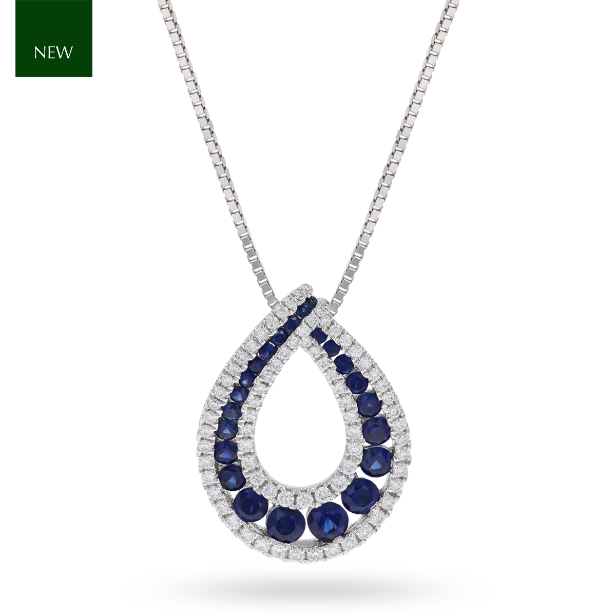 18ct White Gold Sapphire & Diamond Open Teardrop Necklace