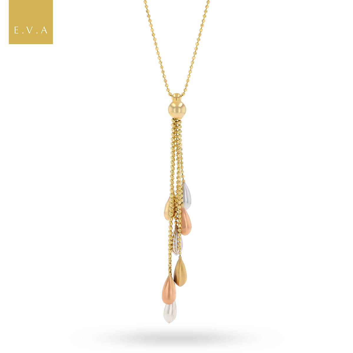 9ct Three Colour Gold Teardrop Tassel Beaded Necklace