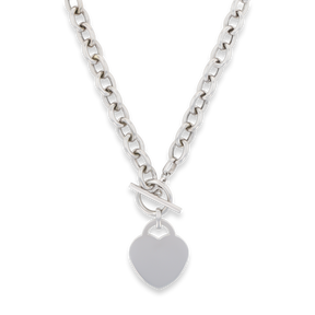 9ct White Gold 14.5” Oval Belcher Heart Tag T-Bar Necklace