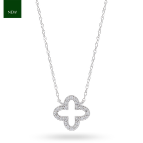 9ct White Gold Diamond Set Clover Necklace