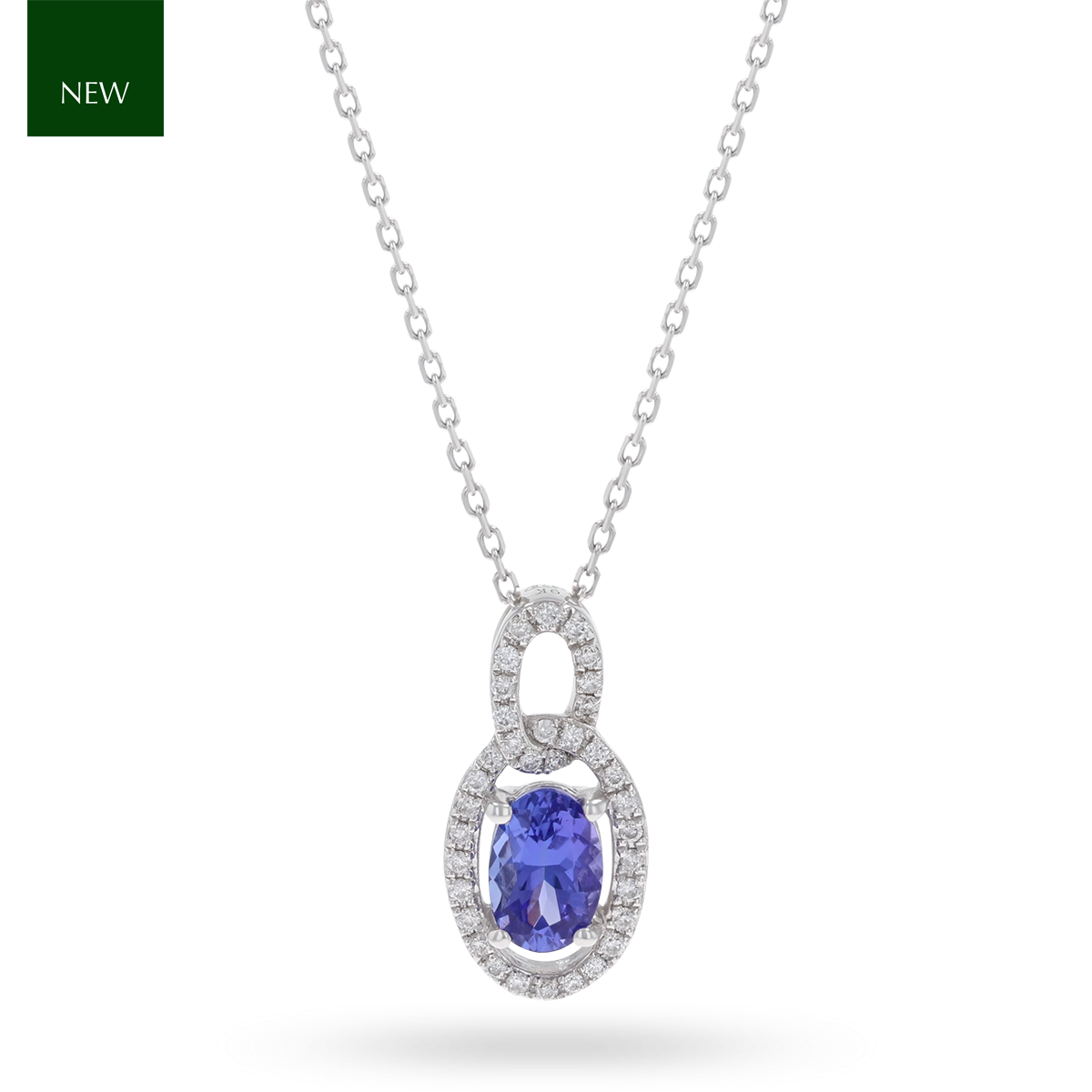 9ct White Gold Tanzanite & Diamond Interlocking Halo Necklace