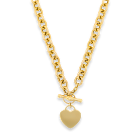 9ct Yellow Gold Oval Belcher Heart Tag T-Bar Necklace