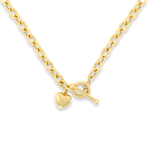 9ct Yellow Gold 17” Oval Belcher Heart Charm T-Bar Necklace