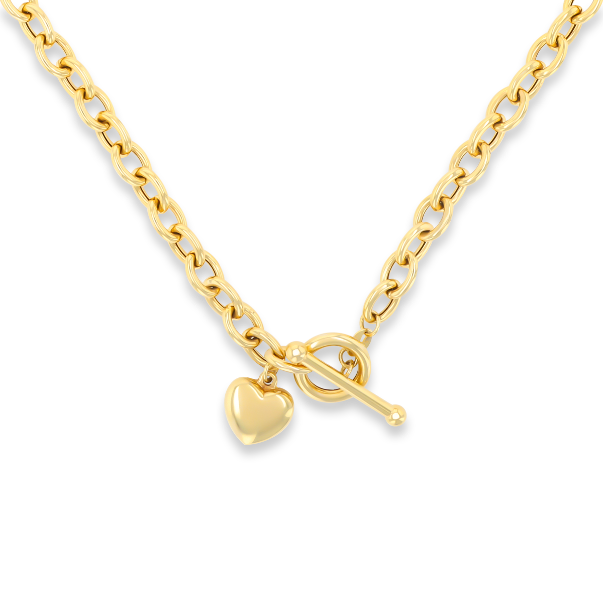 9ct Yellow Gold 17” Oval Belcher Heart Charm T-Bar Necklace