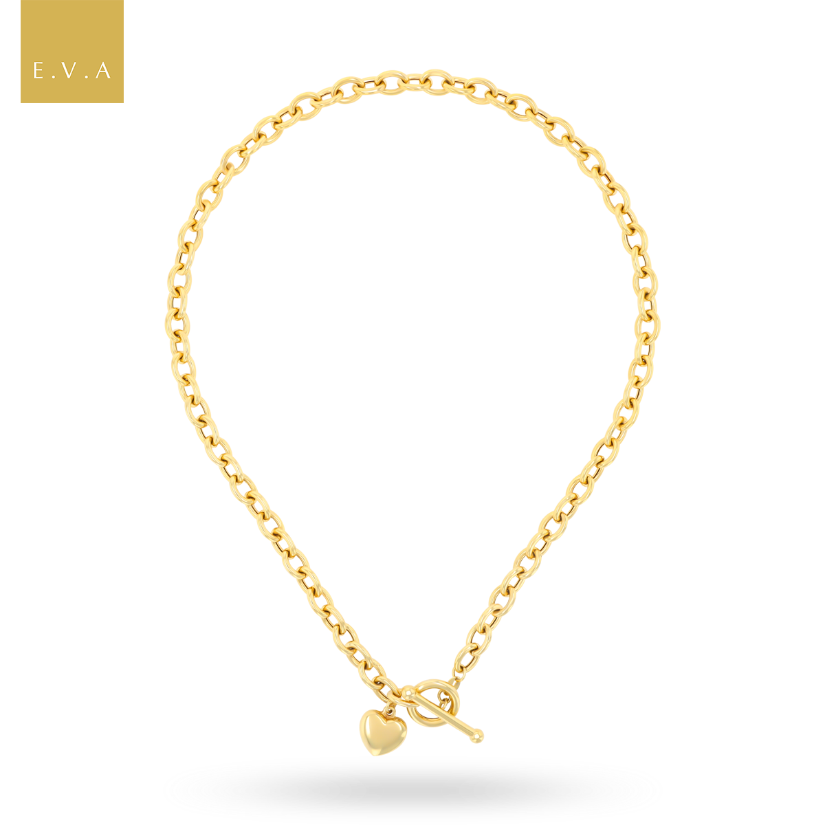 9ct Yellow Gold 17” Oval Belcher Heart Charm T-Bar Necklace