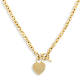 9ct Yellow Gold 18” Solid Oval Belcher Heart Tag T-Bar Necklace