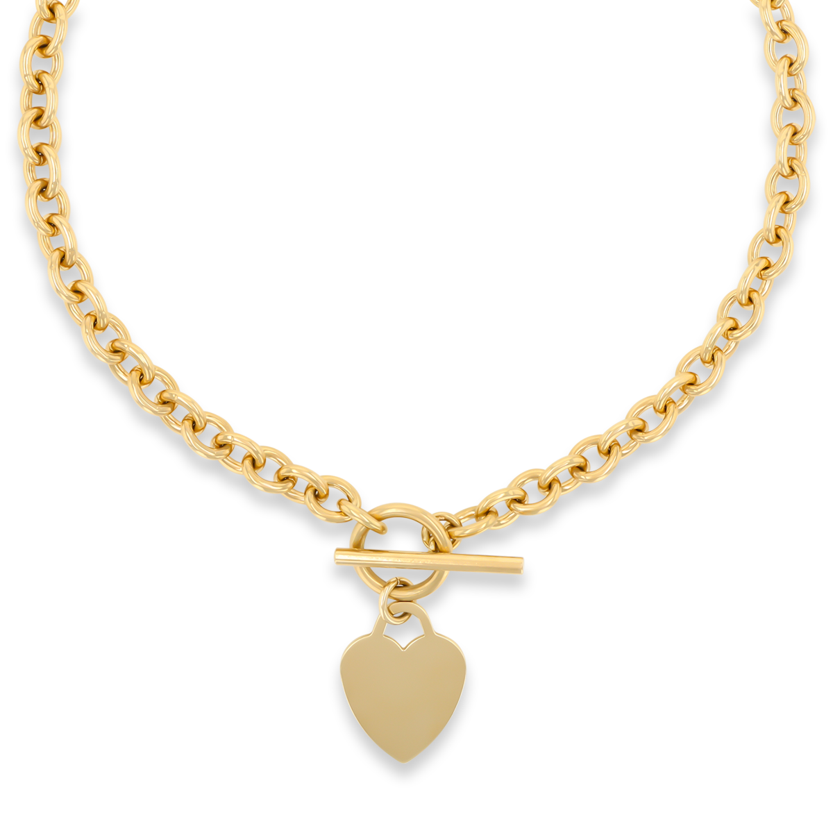 9ct Yellow Gold 15.5” Solid Oval Belcher Heart Tag T-Bar Necklace