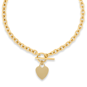 9ct Yellow Gold 15.5” Solid Oval Belcher Heart Tag T-Bar Necklace