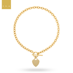 9ct Yellow Gold 15.5” Solid Oval Belcher Heart Tag T-Bar Necklace