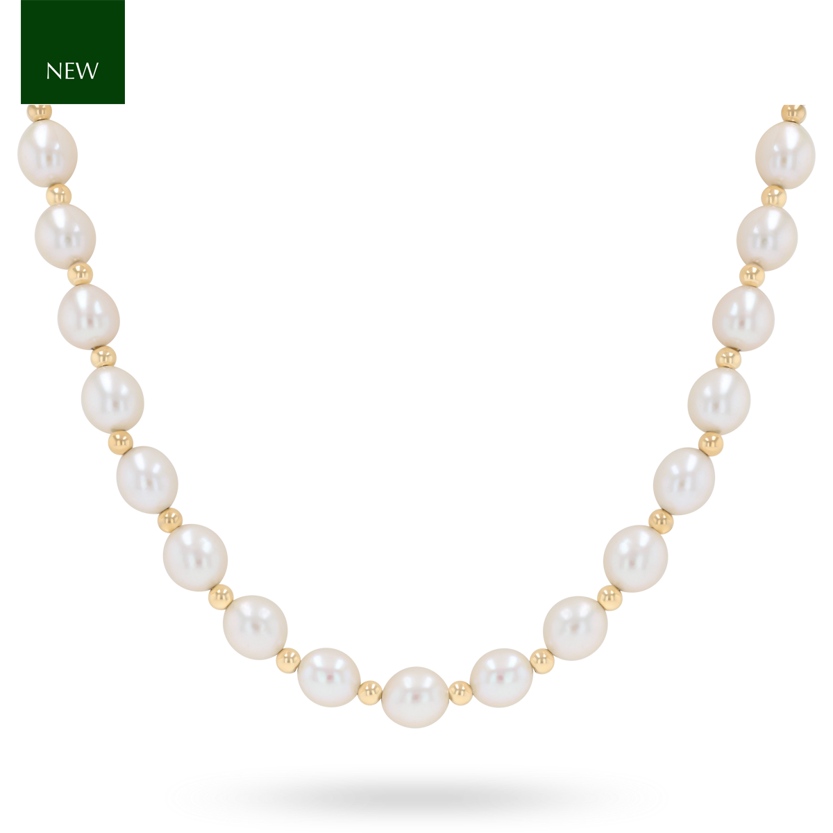 9ct Yellow Gold Beaded 17.5” White Cultured Freshwater Oval Shaped Pearl Necklace