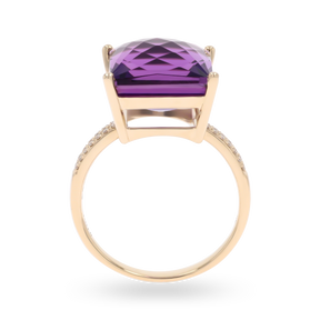 9ct Yellow Gold Square Cut Amethyst & Diamond Cocktail Ring