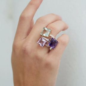 Model wears 9ct Yellow Gold Square Cut Amethyst & Diamond Cocktail Ring