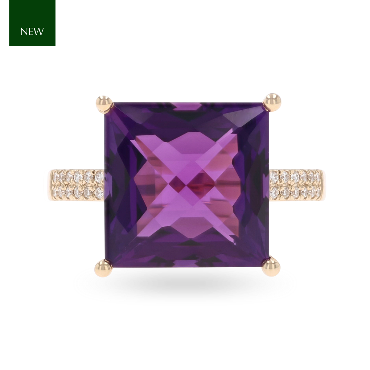 9ct Yellow Gold Square Cut Amethyst & Diamond Cocktail Ring