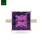 9ct Yellow Gold Square Cut Amethyst & Diamond Cocktail Ring