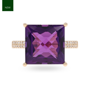 9ct Yellow Gold Square Cut Amethyst & Diamond Cocktail Ring