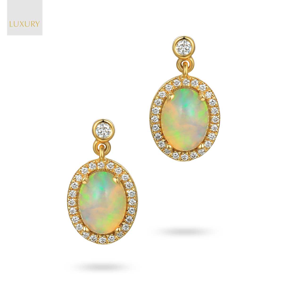 18ct Yellow Gold Oval Shaped Opal & Diamond Drop Earrings