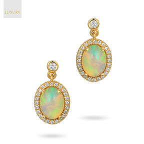 18ct Yellow Gold Oval Shaped Opal & Diamond Drop Earrings