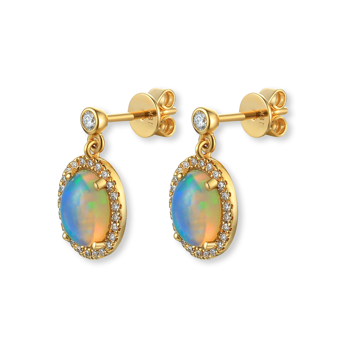 18ct Yellow Gold Oval Shaped Opal & Diamond Drop Earrings