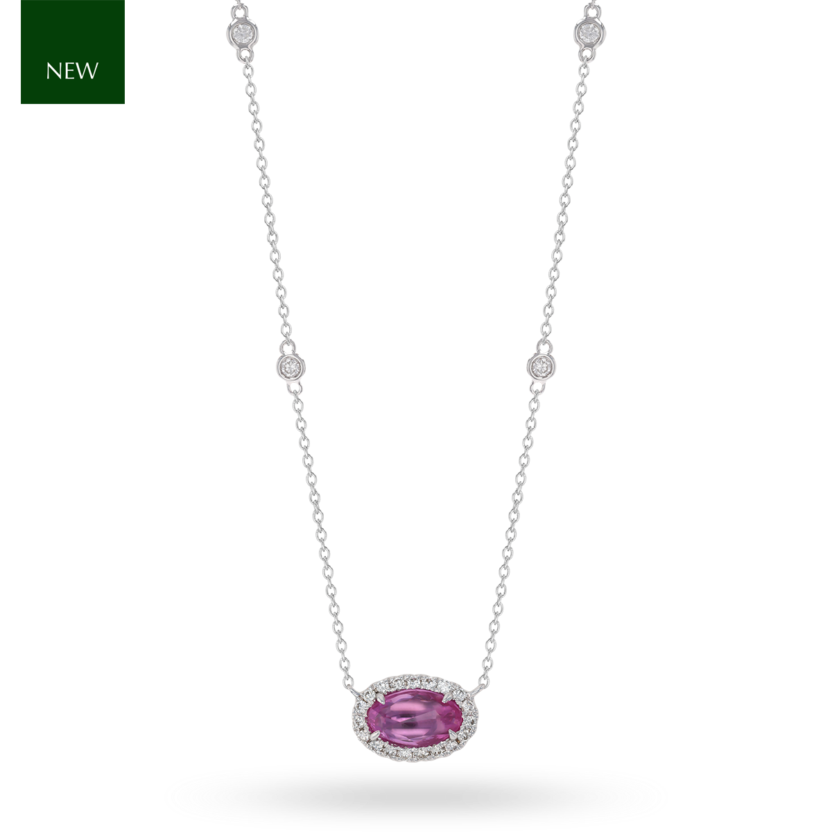 18ct White Gold Rose Cut Pink Sapphire & Diamond Halo Necklace