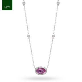 18ct White Gold Rose Cut Pink Sapphire & Diamond Halo Necklace
