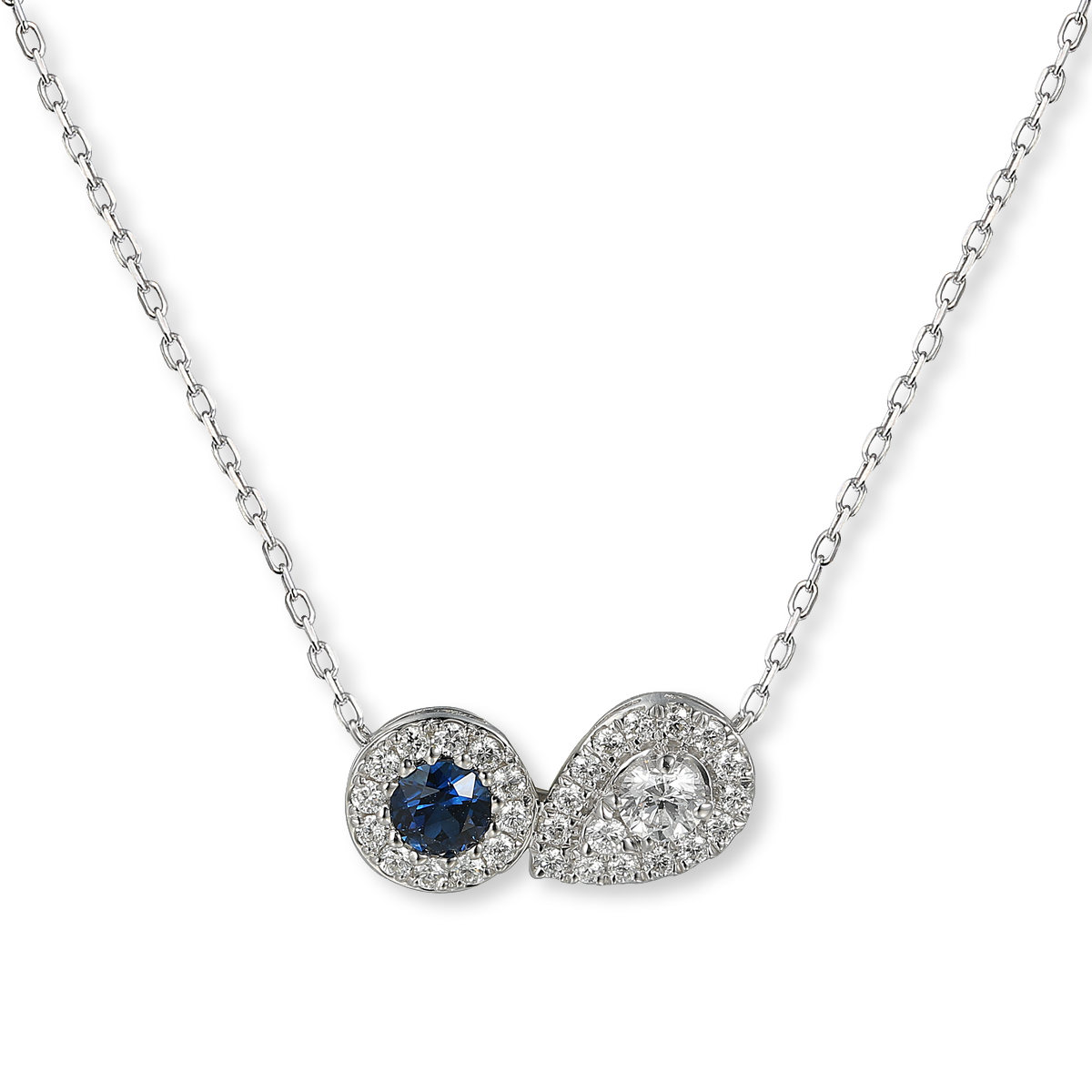 9ct White Gold Sapphire & Diamond Toi et Moi Cluster Necklace